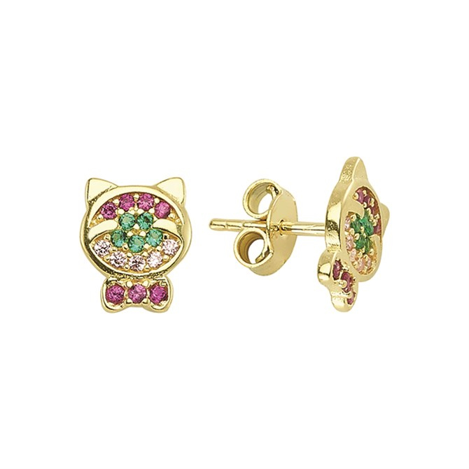 14 Ayar Gökkuşağı Modeli Taşlı Kedi Altın Küpe