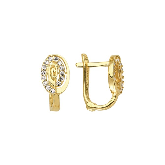 14 Ayar J Model Taşlı Altın Yuvarlak Küpe