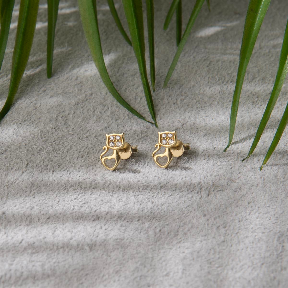 14k Altın Taşlı Kedi Kalp Küpe