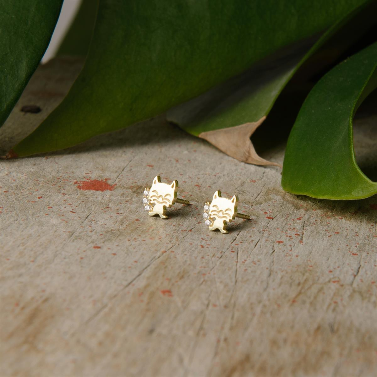 14K ALTIN TAŞLI KEDİ KÜPE