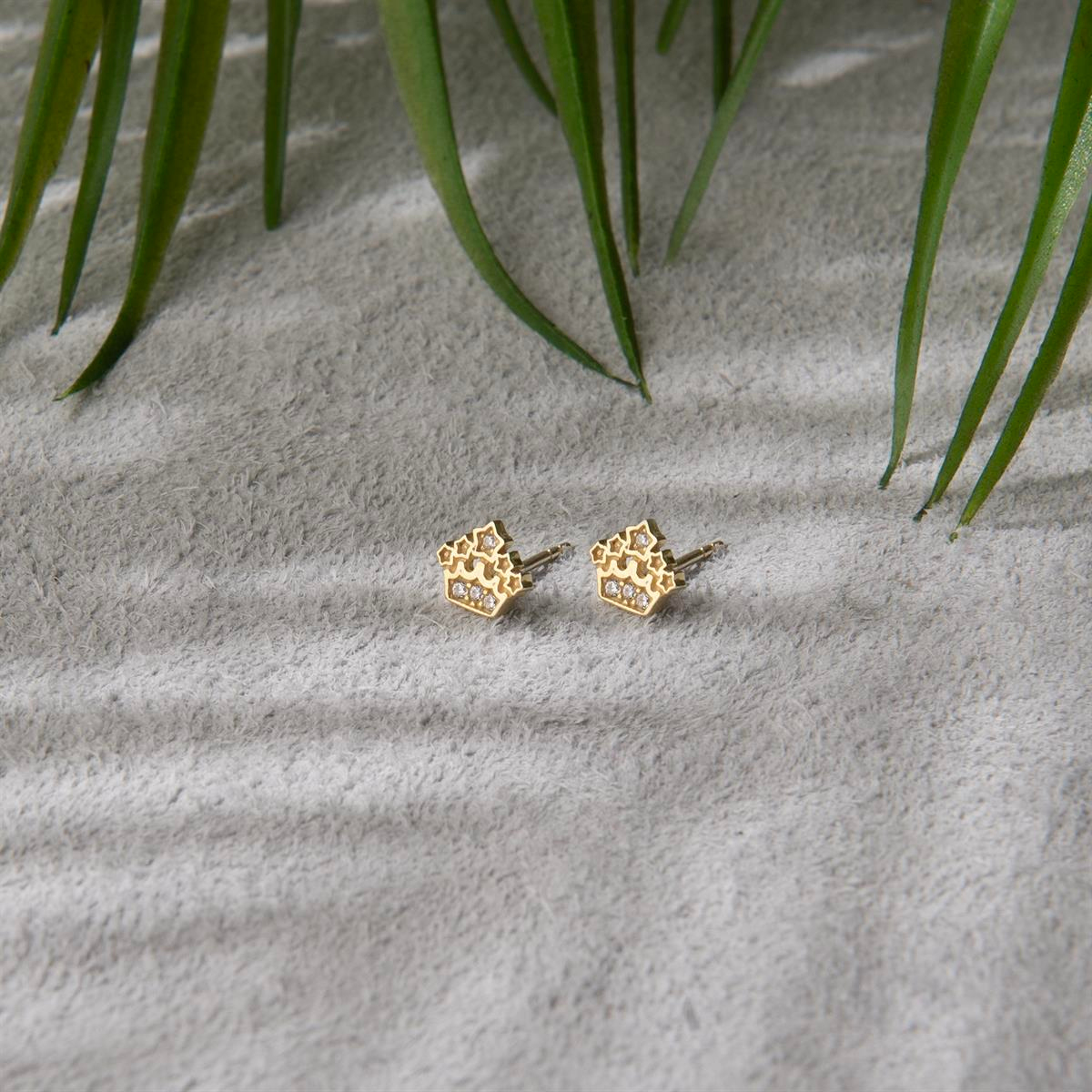 14K ALTIN TAŞLI TAÇ KÜPE