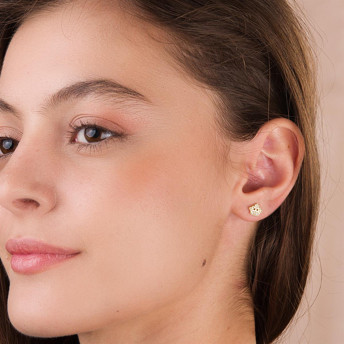 14K ALTIN TAŞLI TAÇ KÜPE