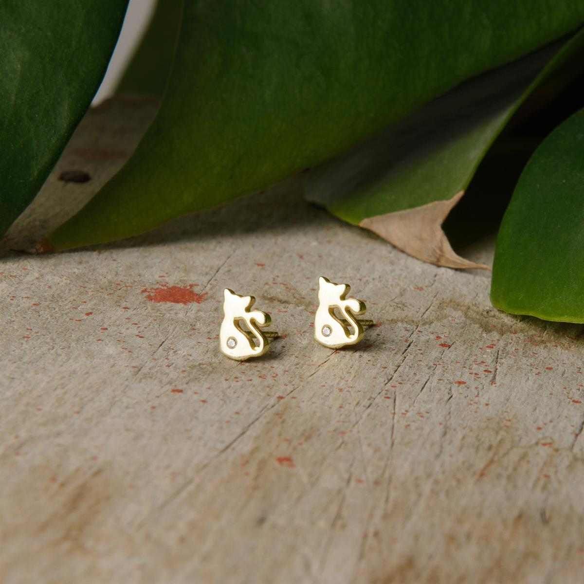 14k Altın Tek Taş Kedi Küpe