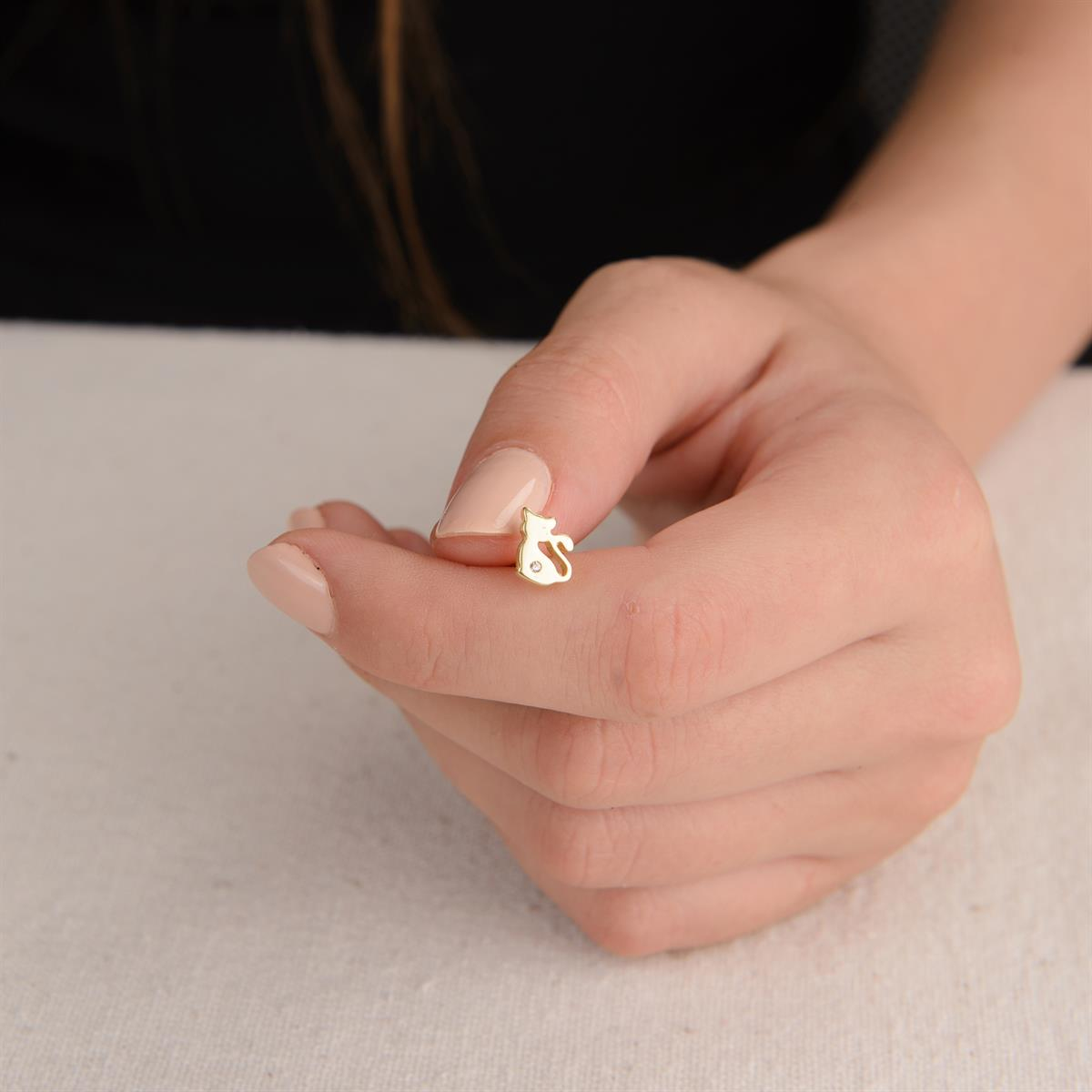 14k Altın Tek Taş Kedi Küpe