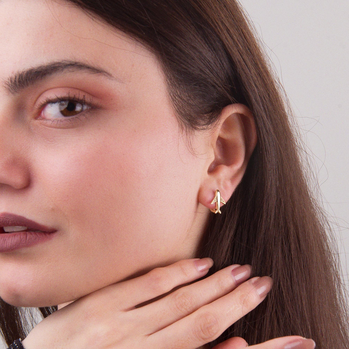 14 Ayar Altın Taşlı Uçak Küpe