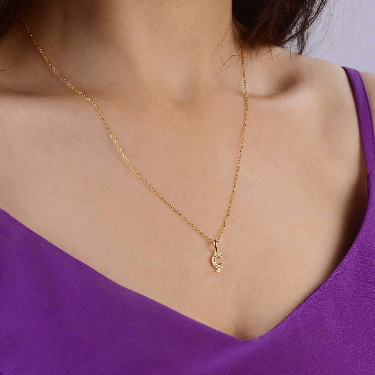 14 Ayar Altın Ç Harfi Taşlı Kolye Ucu