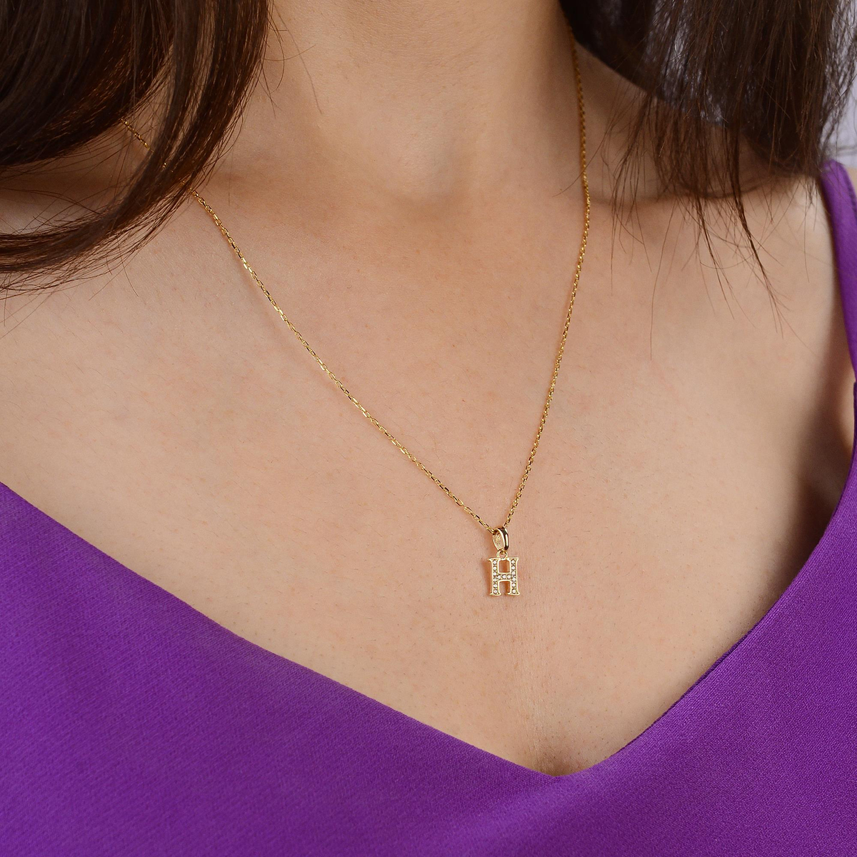 14 Ayar Altın H Harfi Taşlı Kolye Ucu