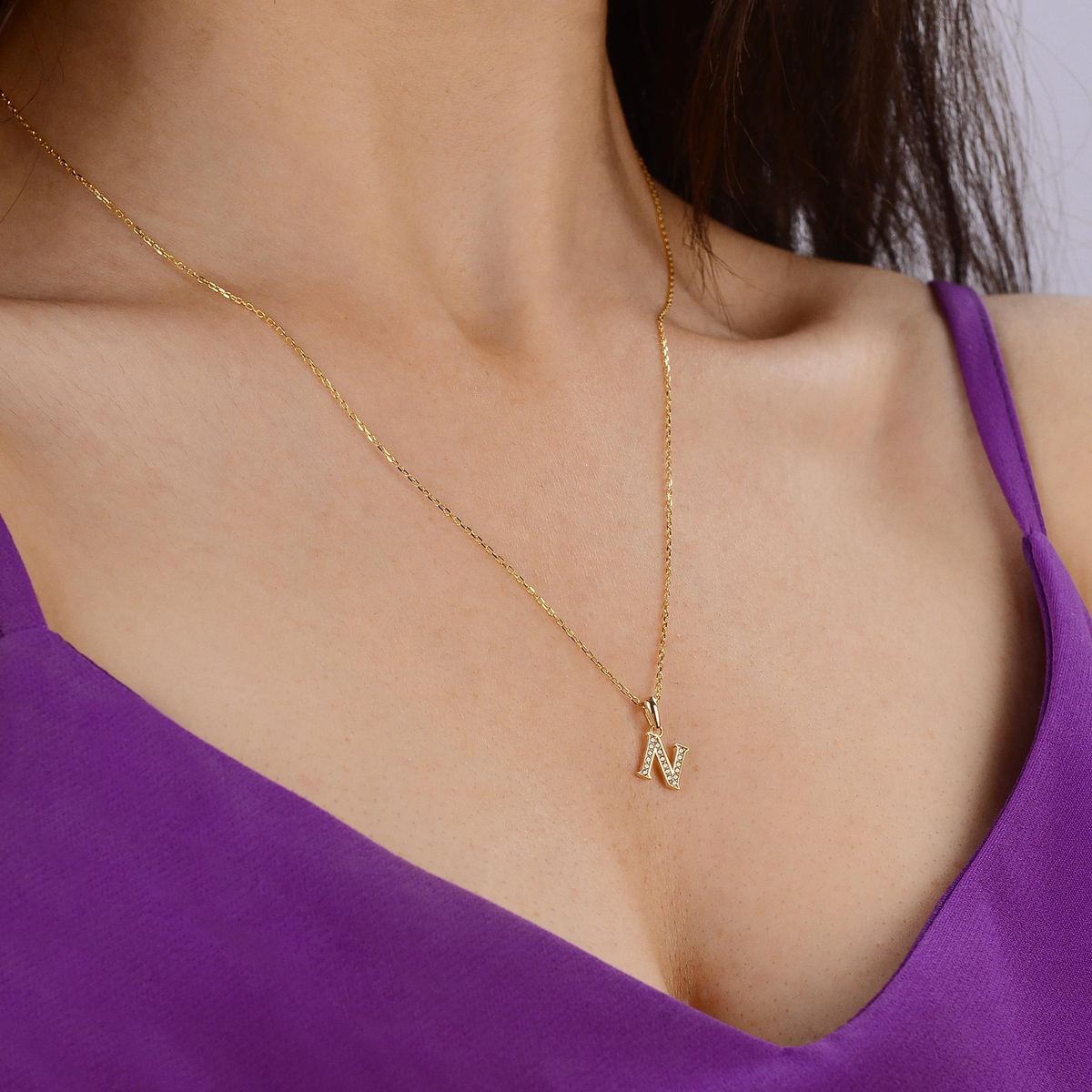 14 Ayar Altın N Harfi Taşlı Kolye Ucu