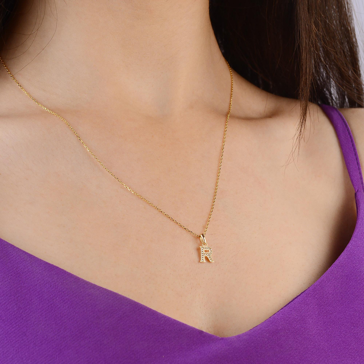 14 Ayar Altın R Harfi Taşlı Kolye Ucu