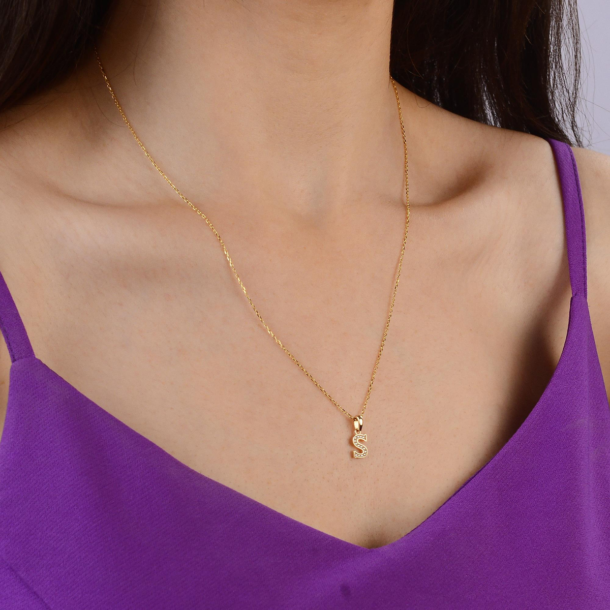 14 Ayar Altın S Harfi Taşlı Kolye Ucu