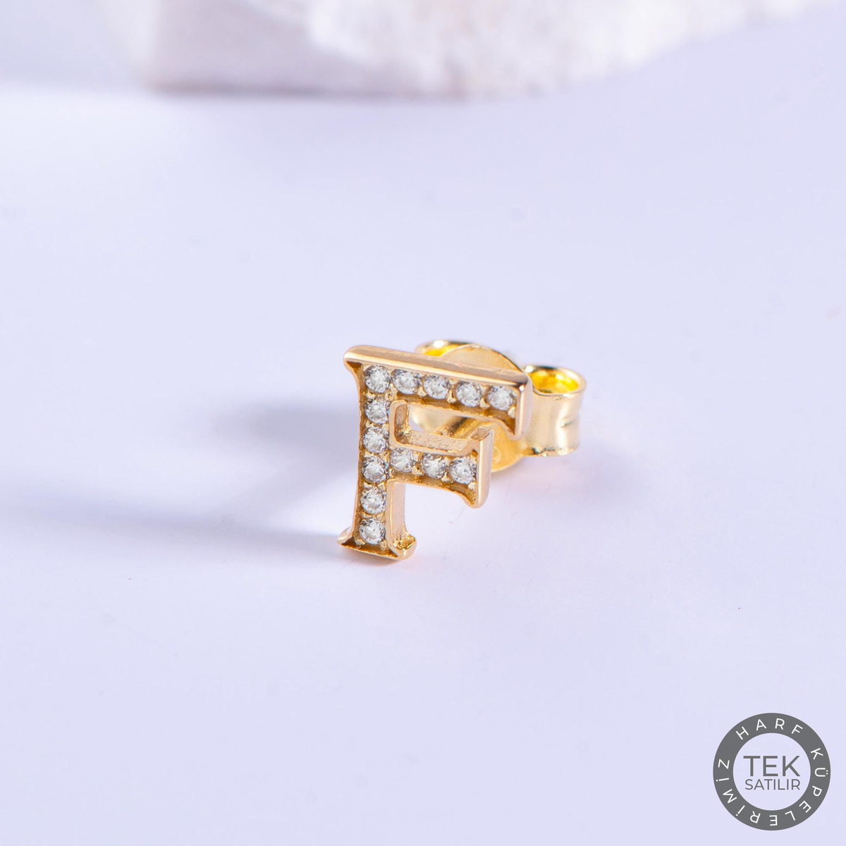 14 Ayar Altın Taşlı F Harf Küpe