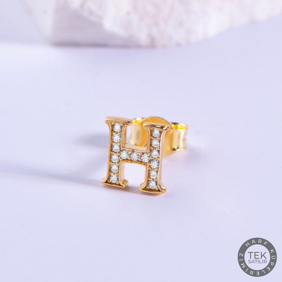 14 Ayar Altın Taşlı H Harf Küpe