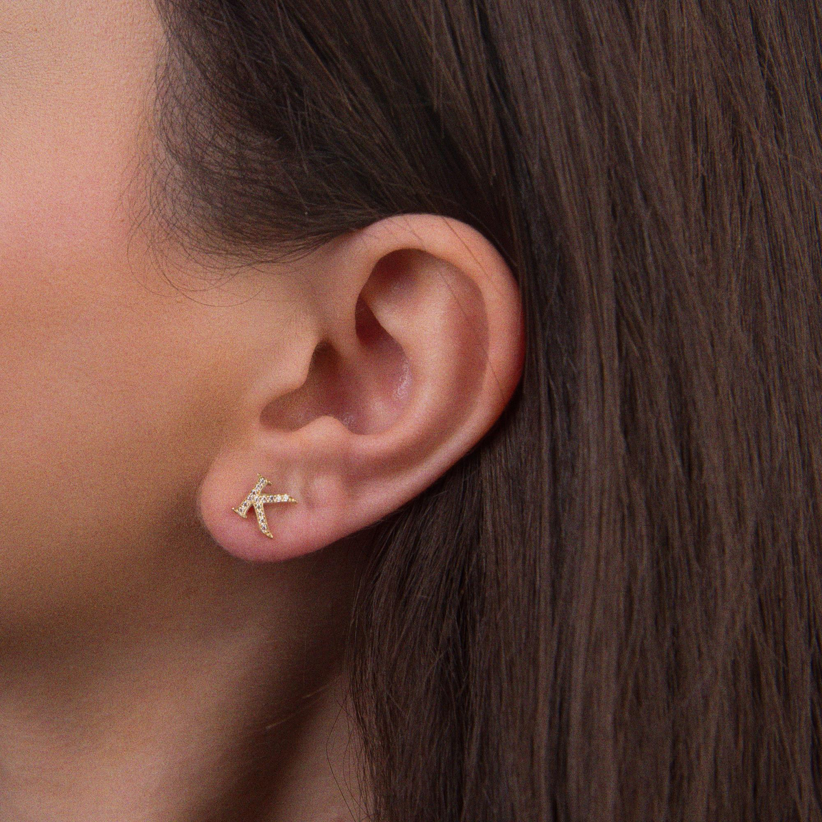 14 Ayar Altın Taşlı K Harf Küpe