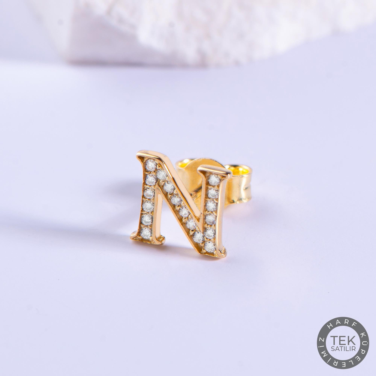 14 Ayar Altın Taşlı N Harf Küpe