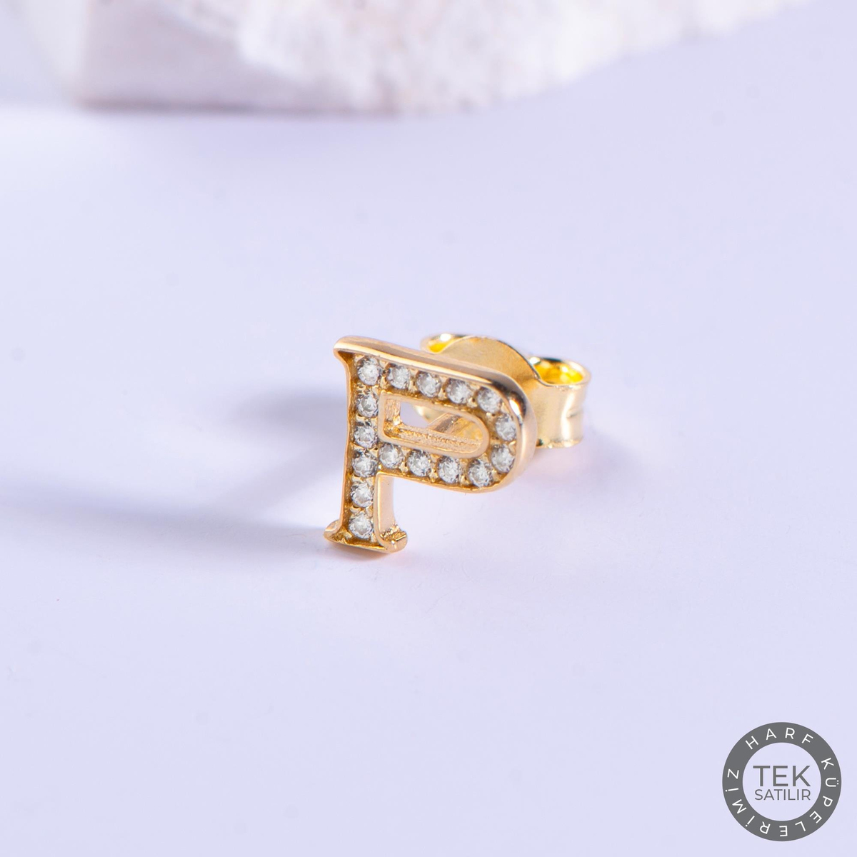 14 Ayar Altın Taşlı P Harf Küpe