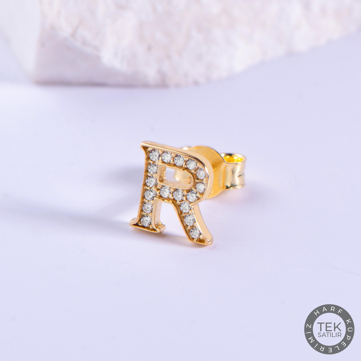 14 Ayar Altın Taşlı R Harf Küpe