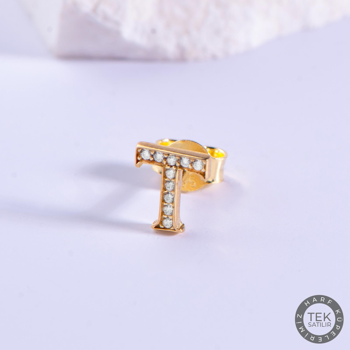 14 Ayar Altın Taşlı T Harf Küpe