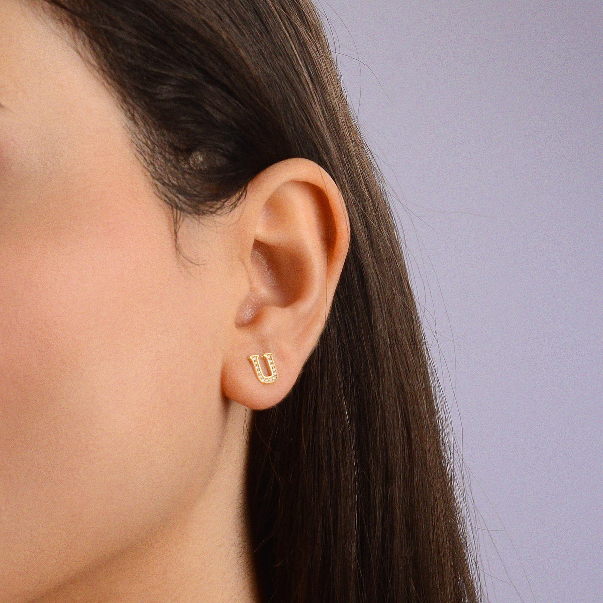 14 Ayar Altın Taşlı U Harf Küpe