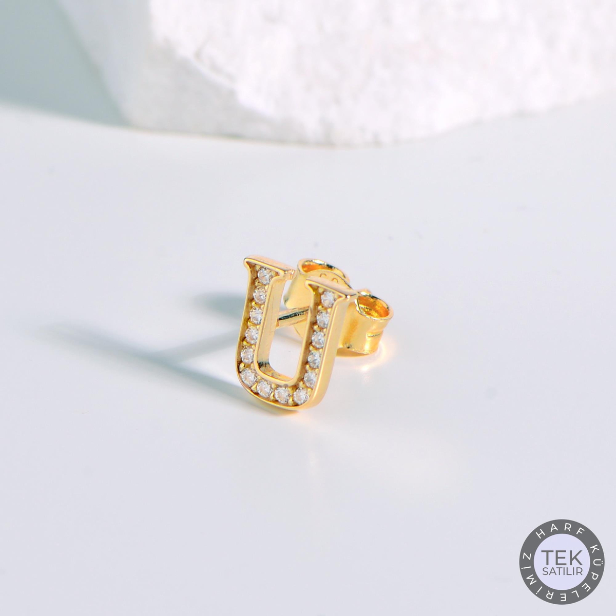 14 Ayar Altın Taşlı U Harf Küpe