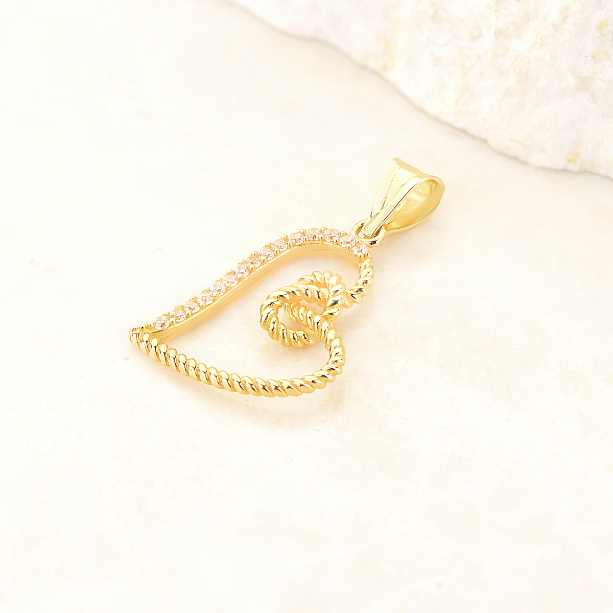 14 Ayar Altın Halat Kalp Taşlı Kolye Ucu