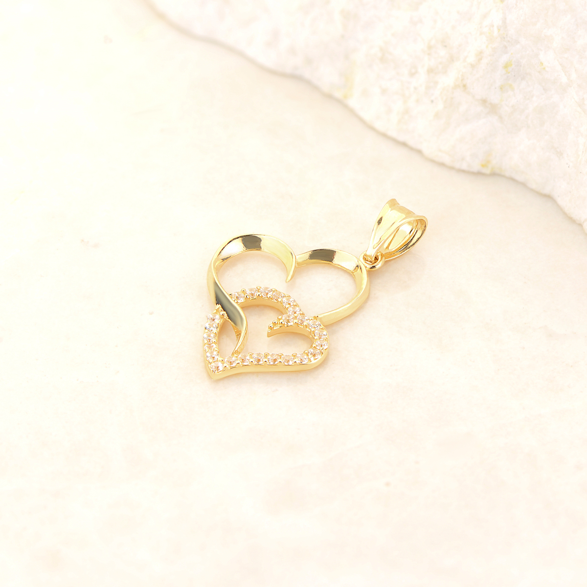 14 Ayar Altın İkili Kalp Taşlı Kolye Ucu