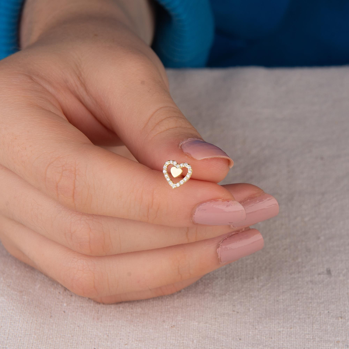 14 Ayar Taşlı Kalp Altın Küpe