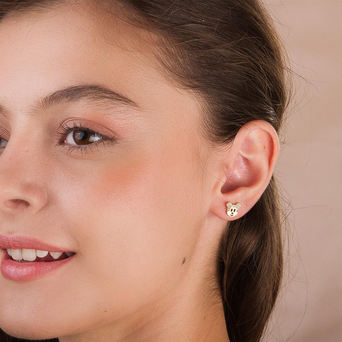 14 Ayar Taşlı Mickey Mouse Altın Küpe