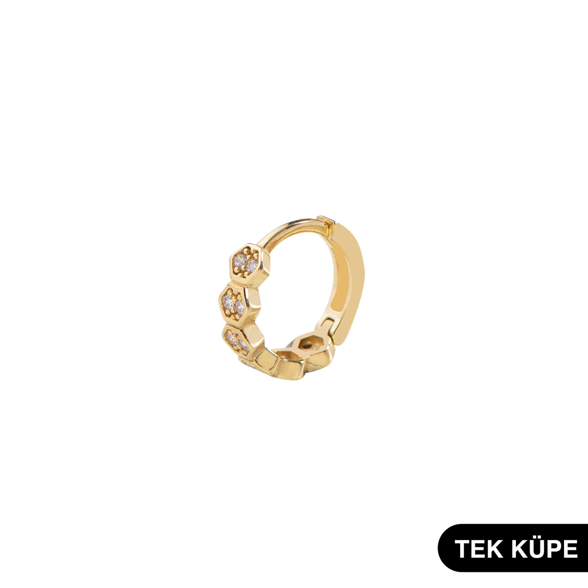 14 Ayar Altın Taşlı Tek Petek Halka Küpe