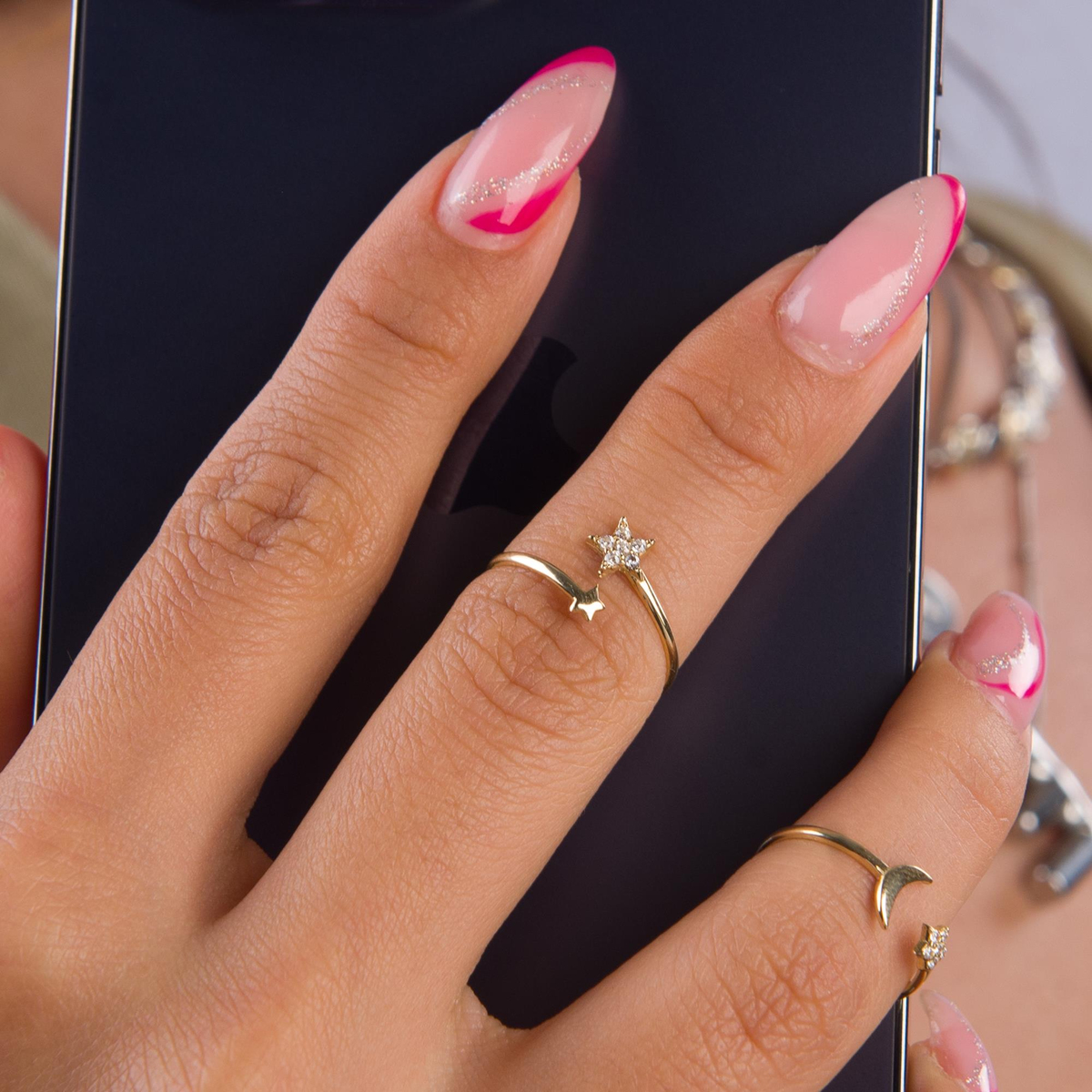 14 Ayar Altın Yıldız Taşlı Ayarlanabilir Yüzük