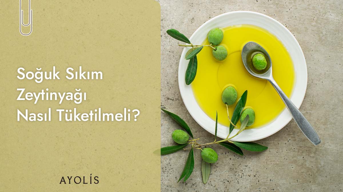 Seramik bir kaseye dökülen soğuk sıkım zeytinyağı ve yanında zeytin dallarıyla doğal sofralık sunum görseli