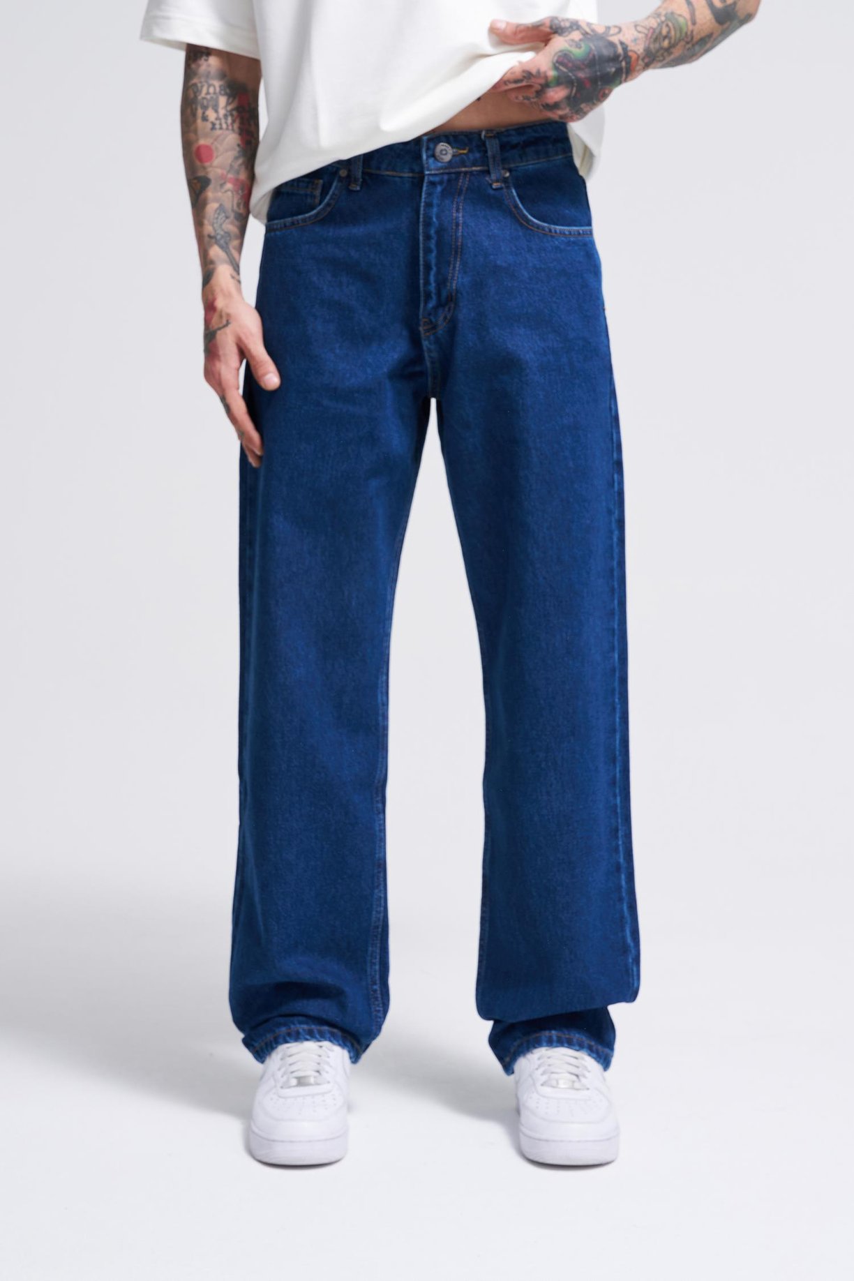 Erkek Relaxed Baggy Jean Efektli Koyu Mavi Pantolon