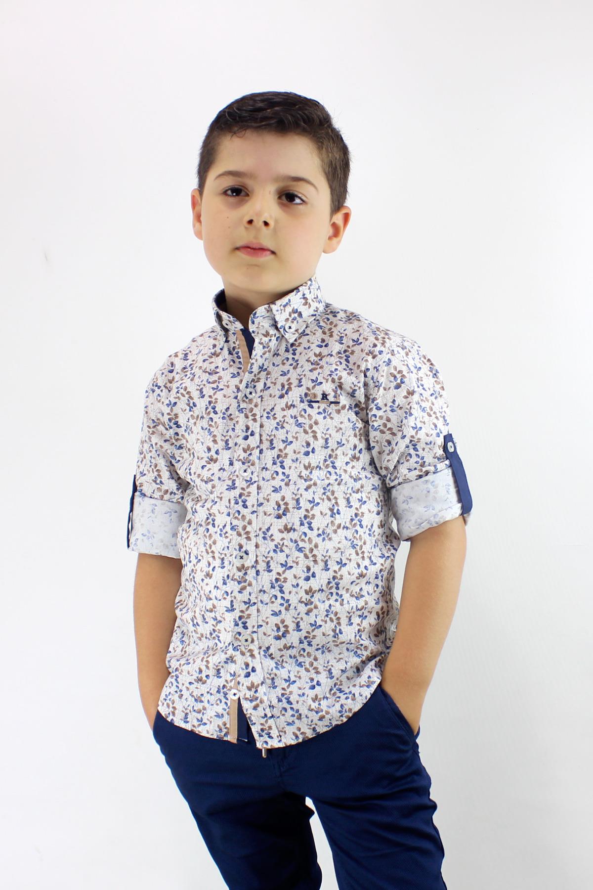 1-14 Yaş Erkek Çocuk Katlanır Kollu Çiçekli Slim Fit Gömlek BEJ
