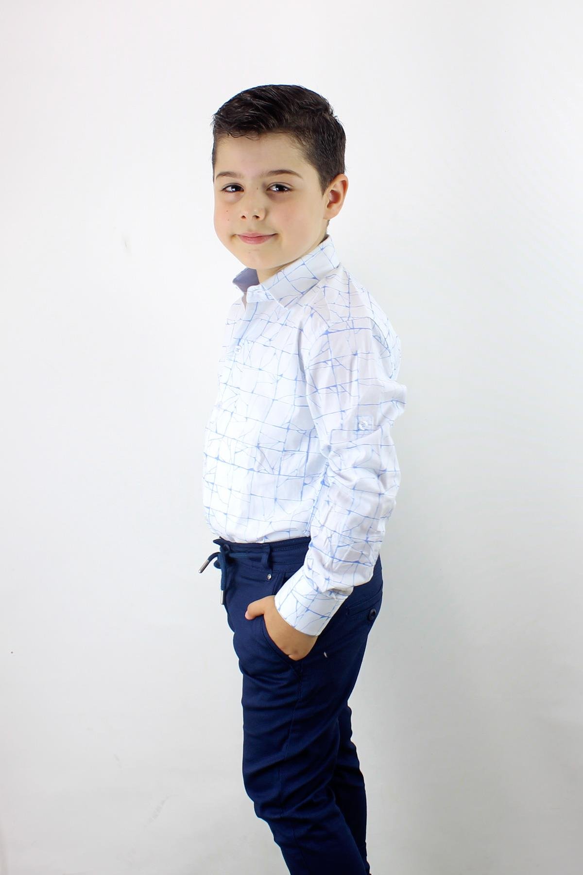 1-14 Yaş Erkek Çocuk Katlanır Kollu Kareli Slim Fit Gömlek MAVİ