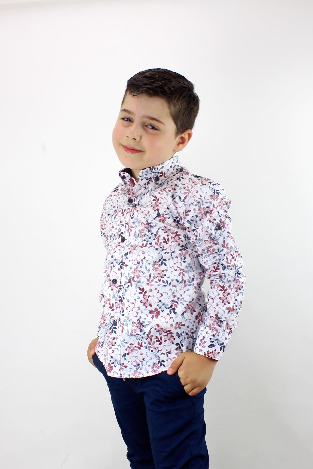 1-14 Yaş Erkek Çocuk Katlanır Kollu Çiçekli Slim Fit Gömlek BORDO
