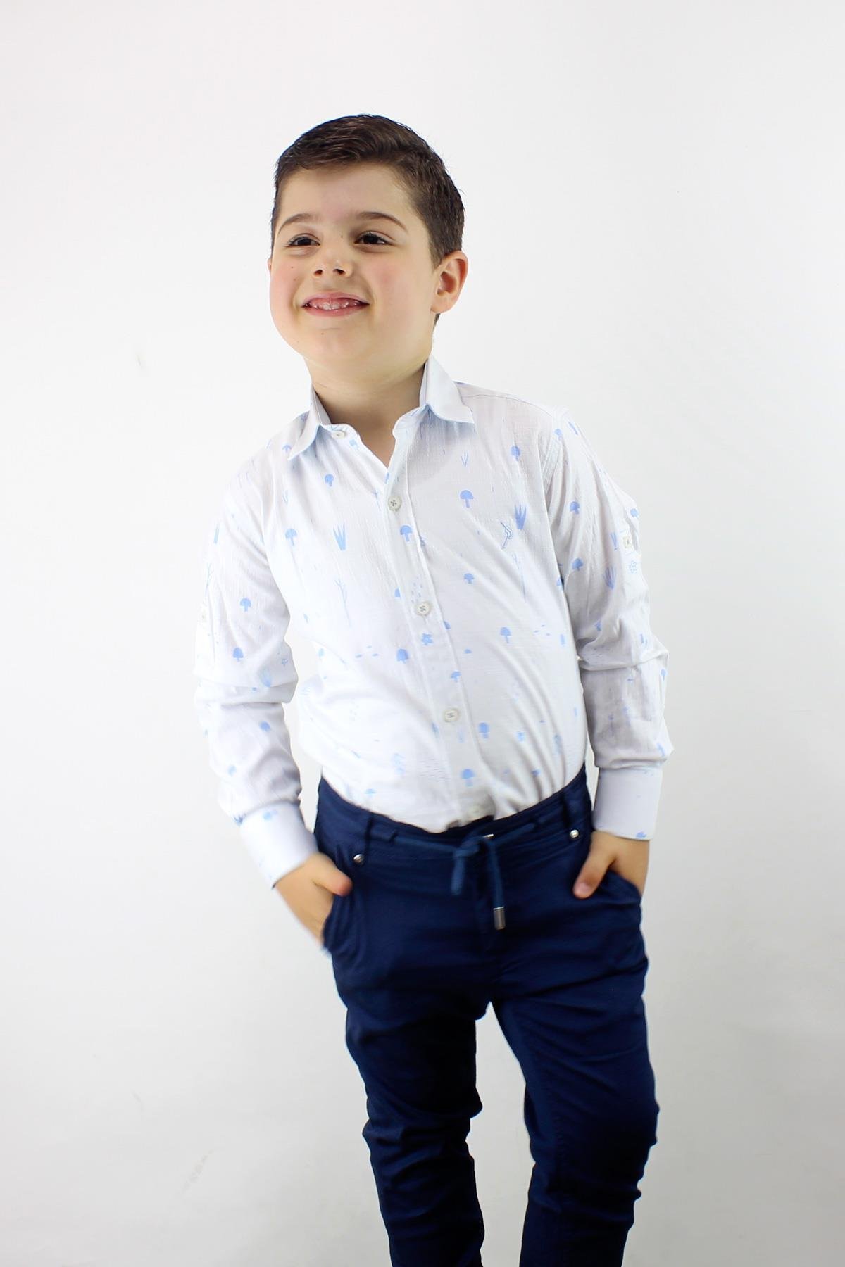 1-14 Yaş Erkek Çocuk Katlanır Kollu Slim Fit Gömlek MAVİ