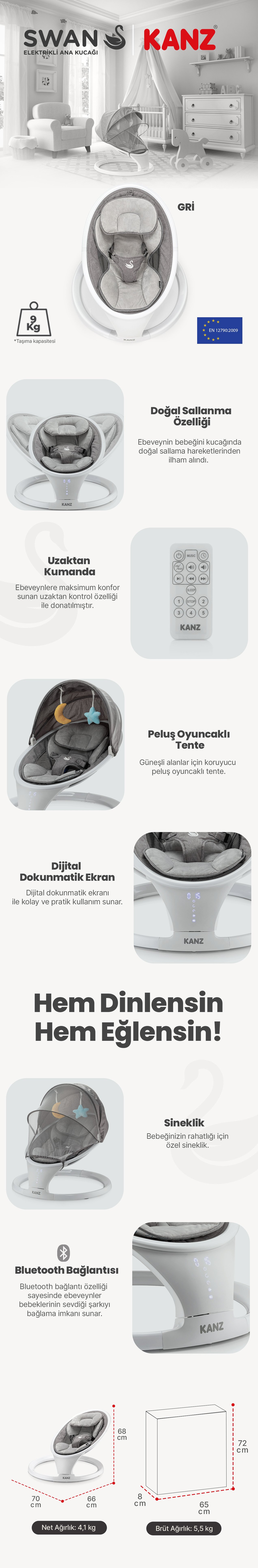 Kanz Swan Elektrikli ve Kumandalı Ana Kucağı Gri ürün özellikleri