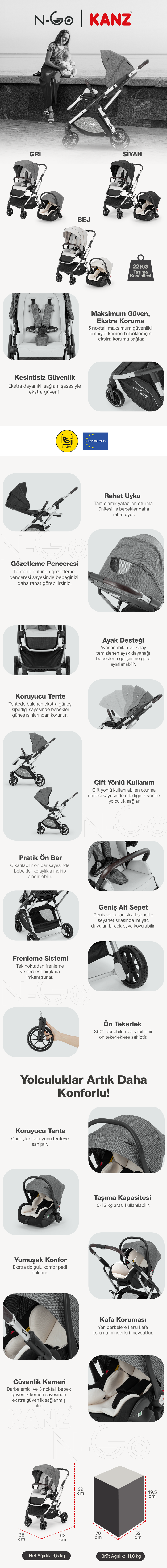 Kanz n-Go Travel Sistem Bebek Arabası Gri ürün özellikleri