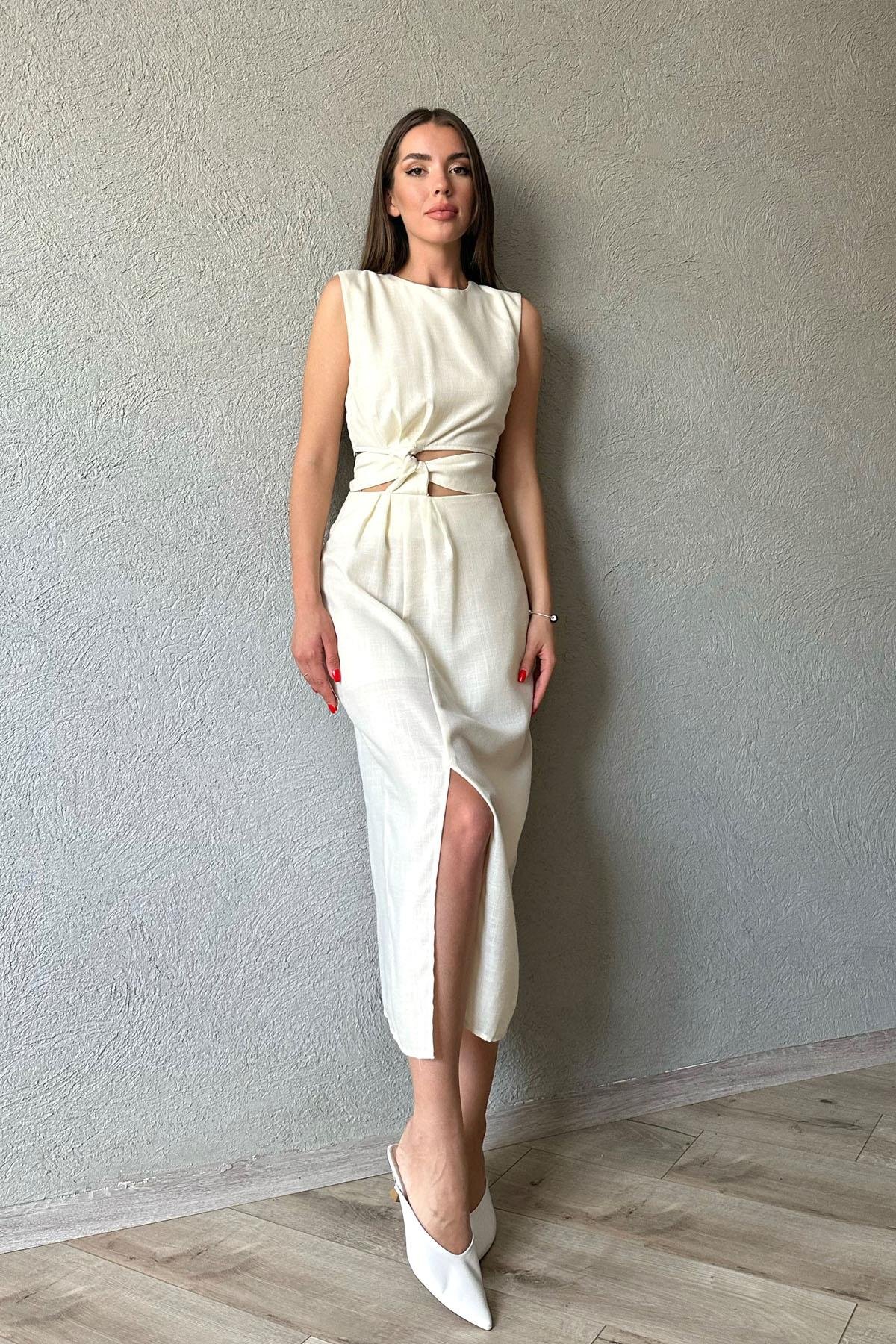 Bej  Kuşaklı Crop Etek Takım