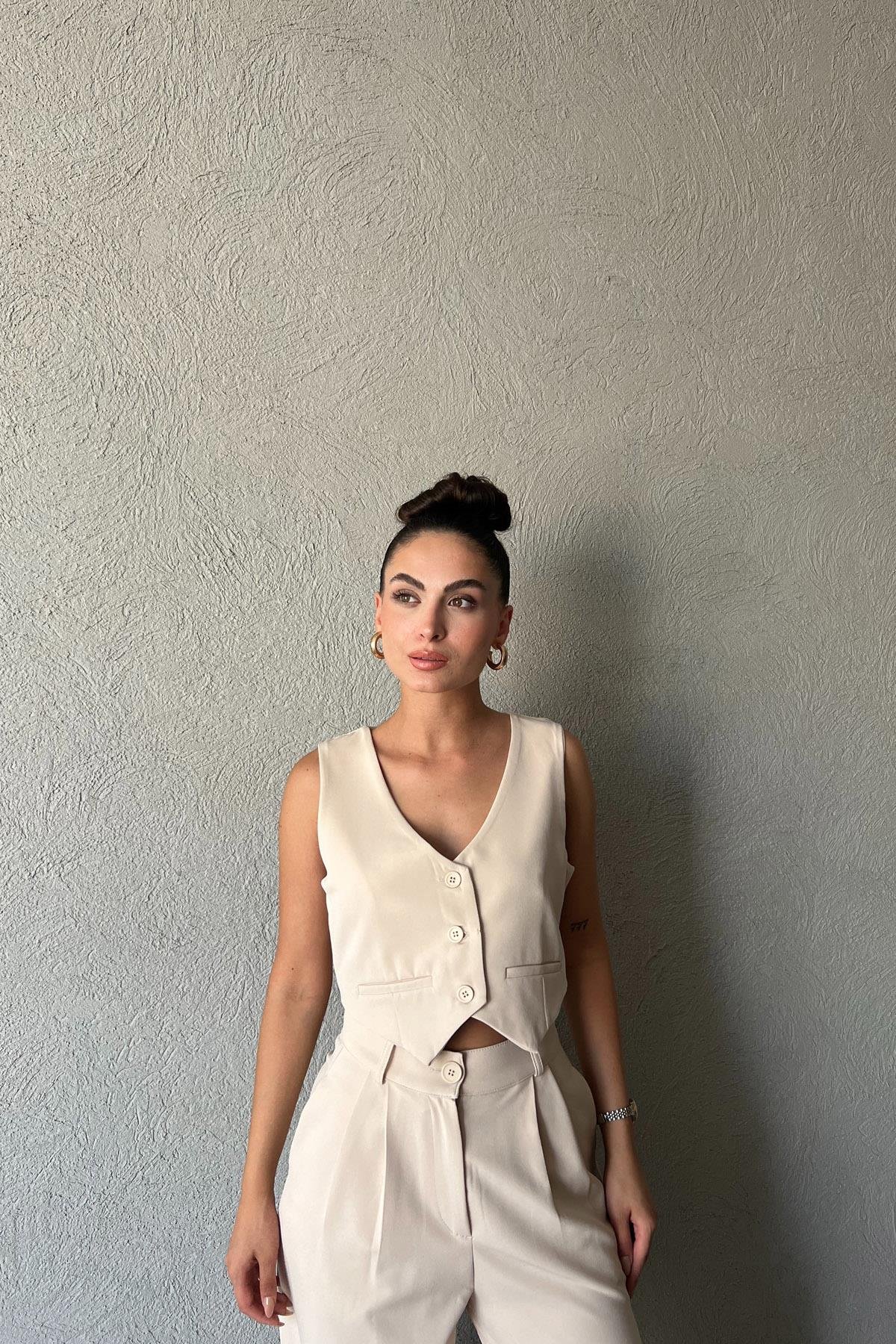 Bej Özel Dikim Yelek ve With Vest Pantolon Takım