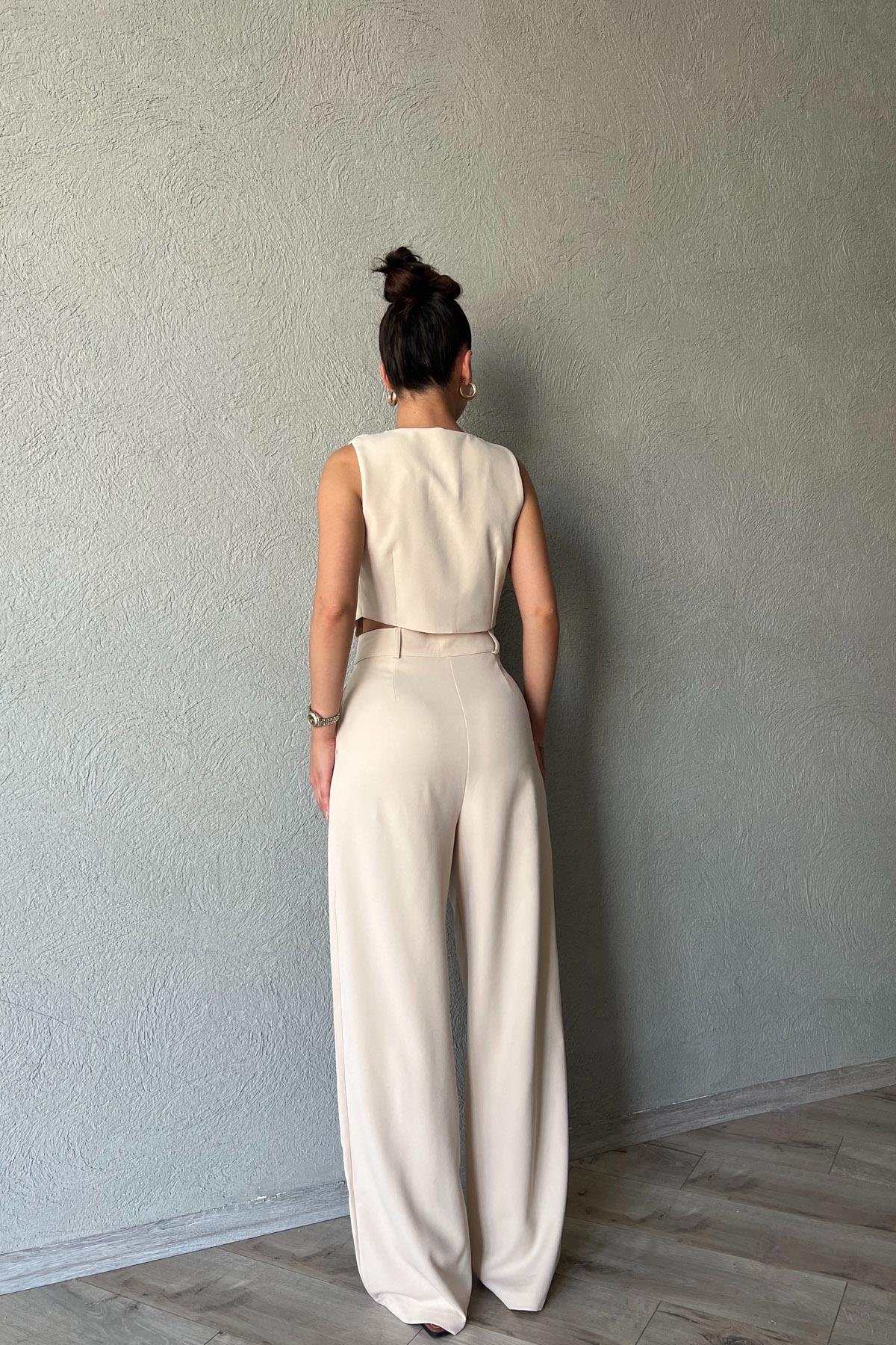 Bej Özel Dikim Yelek ve With Vest Pantolon Takım