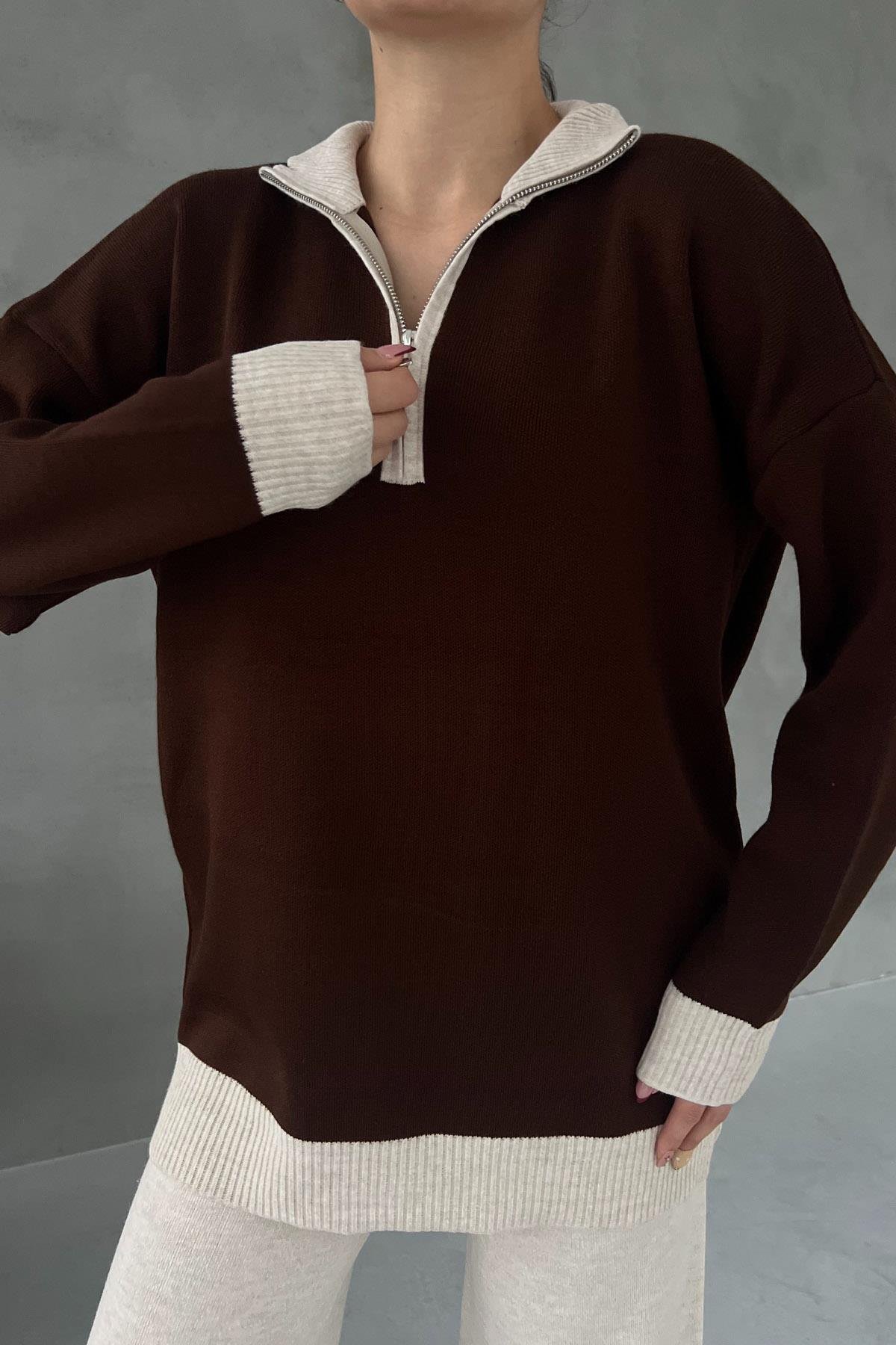 Kahverengi Fermuar Detaylı Sweat ve Pantolon Takım