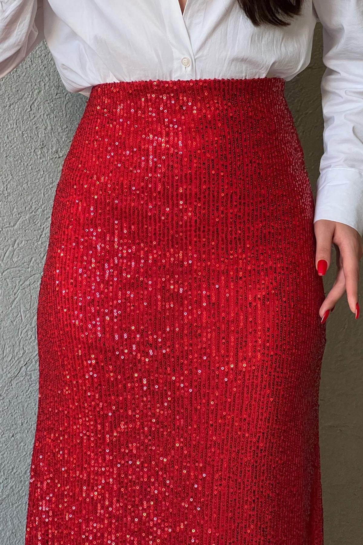 Kırmızı Beli Lastikli Astarlı Pullu Maxi Etek