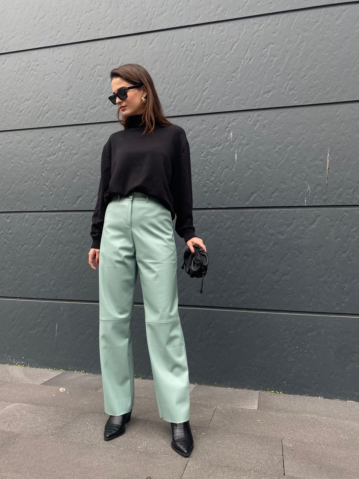 Mint Yeşil Deri Pantolon