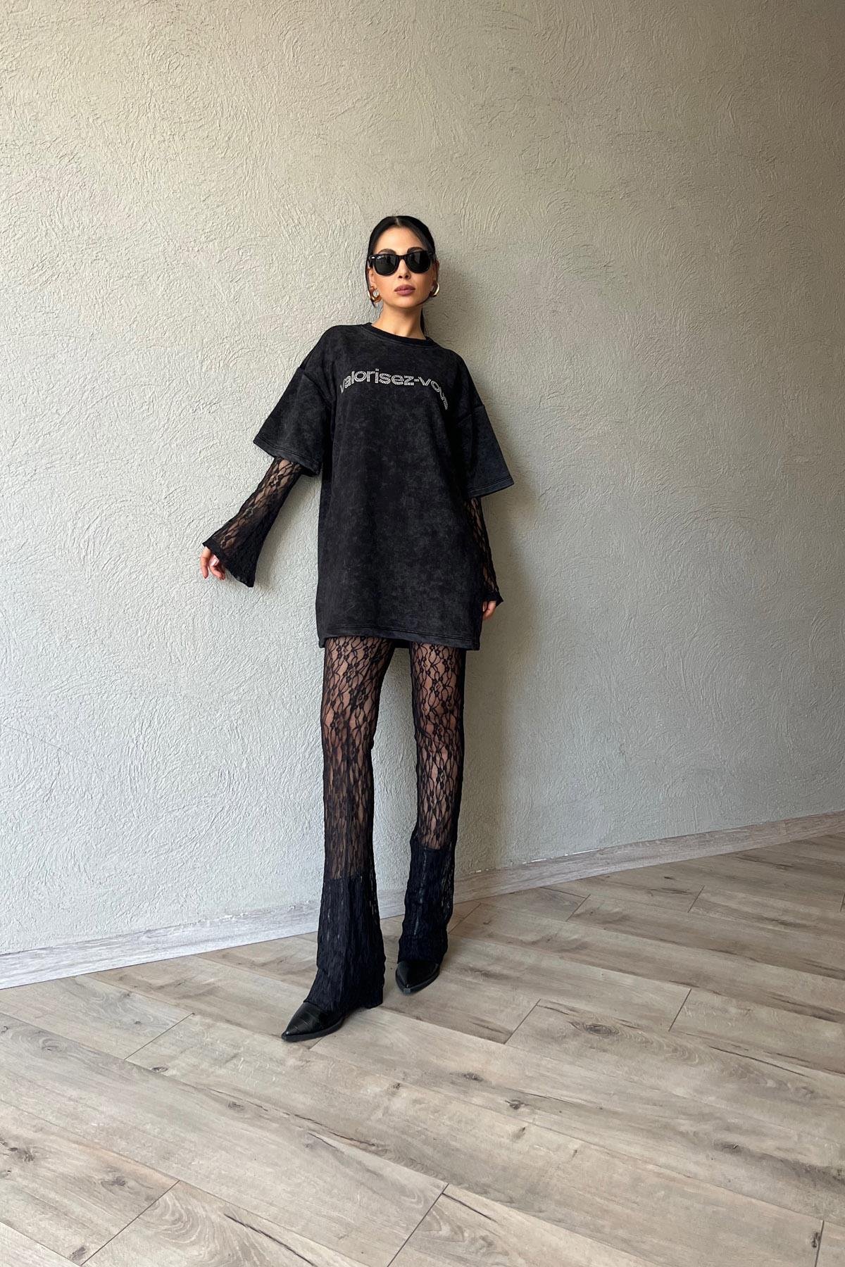 Siyah Dantel Pantolon T-shirt Takım