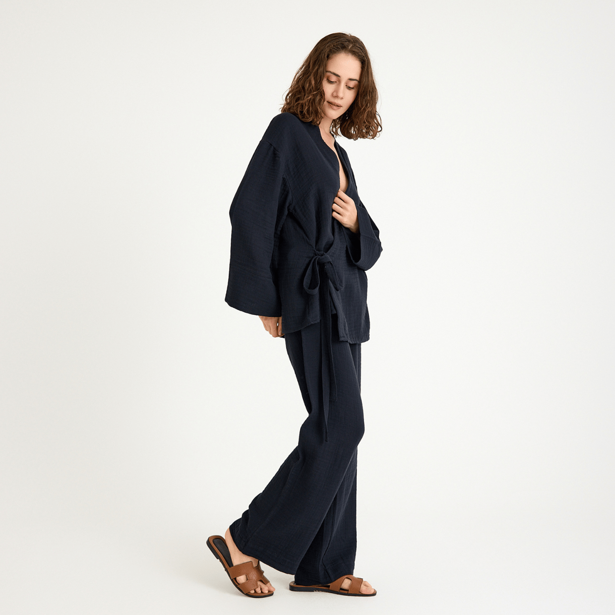 Alt Üst Takım - %100 Pamuklu Dokuma İçten Bağlamalı Müslin Kimono-Pantolon Alt Üst Takım - Miespiga