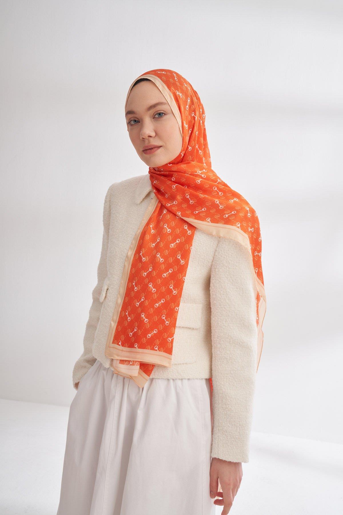 Armanda Desenli Vual Şal Orange Rengi