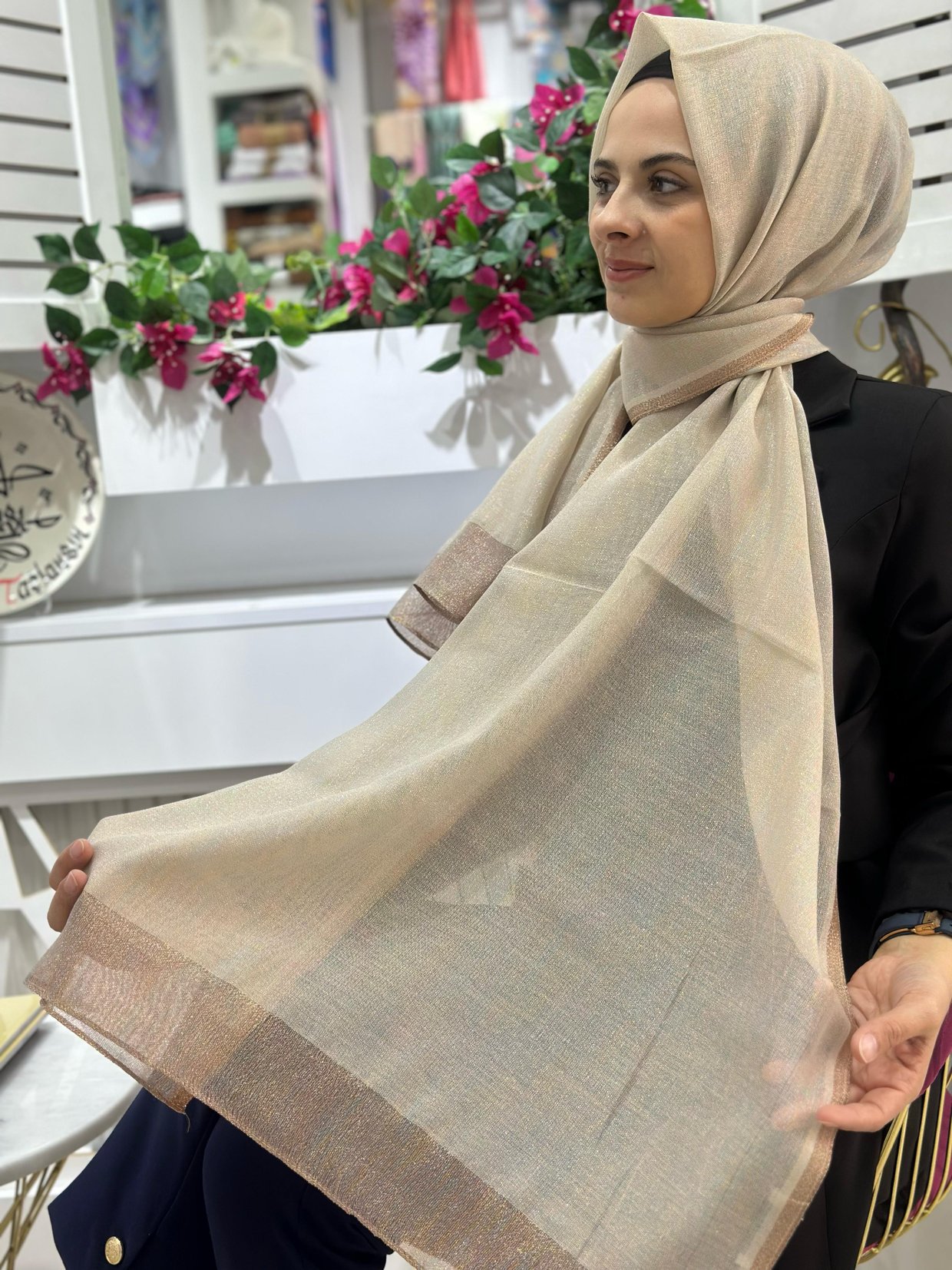 İthal Abiye Şal Gold-Krem Rengi