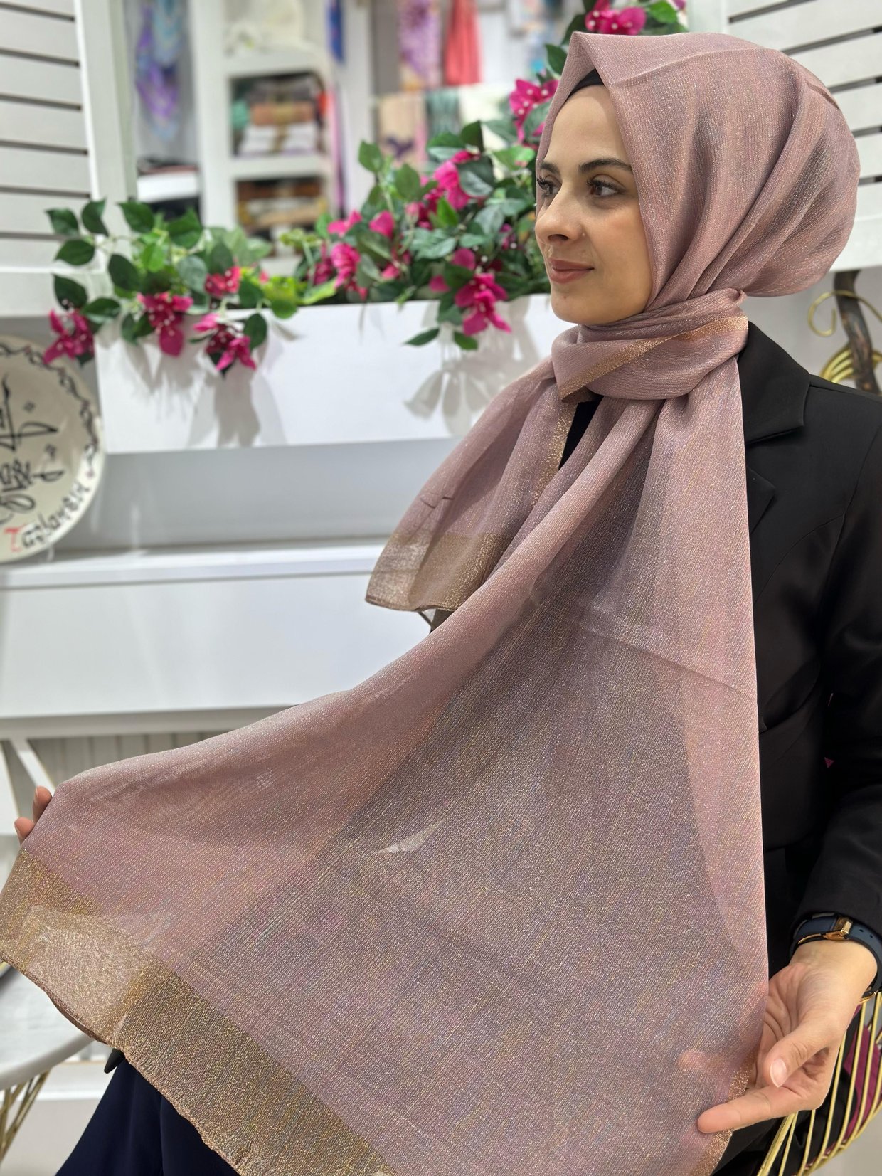 İthal Abiye Şal Gold-Pudra Rengi