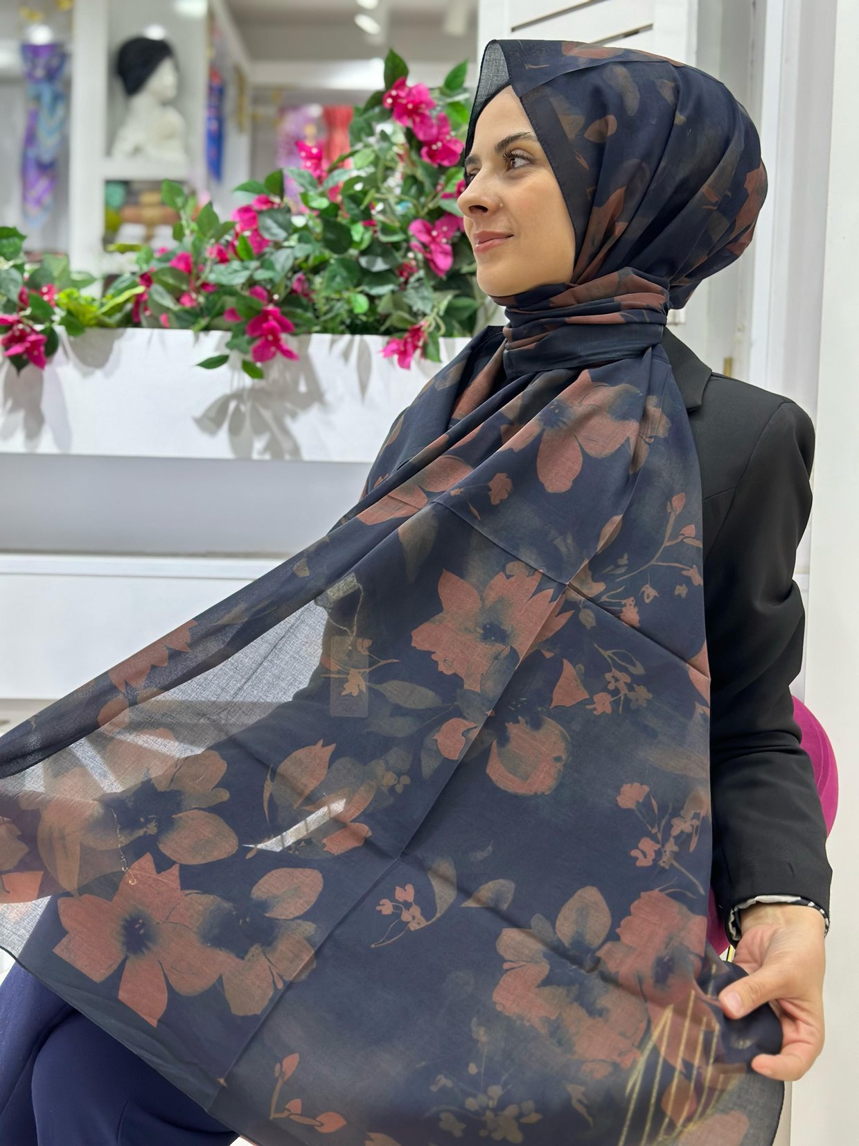Silk Home Desenli Şal Lacivert-Taba Rengi