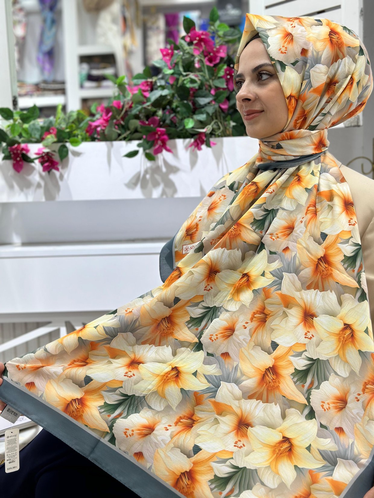 Siyane Desenli Pamuklu Şal Füme Rengi